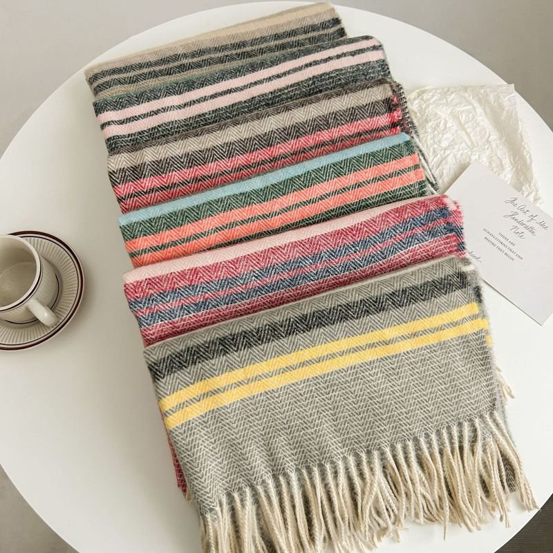 Autumn Winter Women Fashion Thickened Warm Tassel Stripe Cashmere Scarf