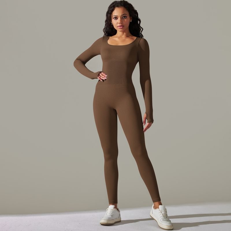 Women Fashion Simple Thread High Elastic Solid Color Tight Long Sleeve Sports Running Yoga Jumpsuits