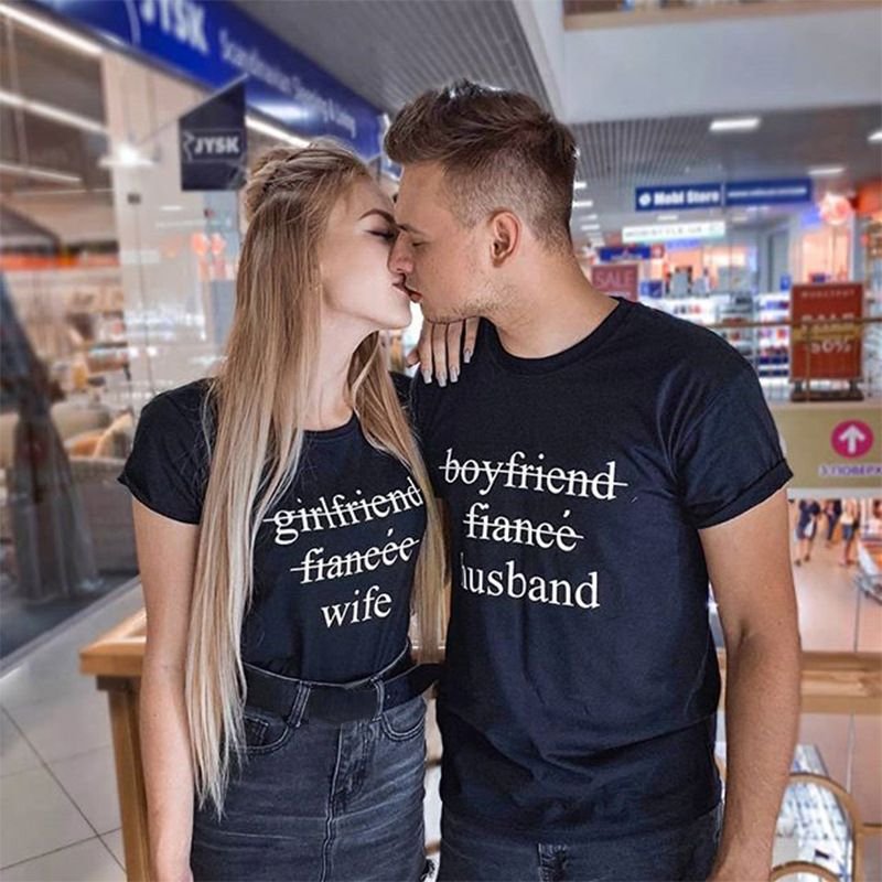 Valentine Day Simple Solid Color Letter Slogan Print Round Neck Short Sleeve Couple T-Shirt