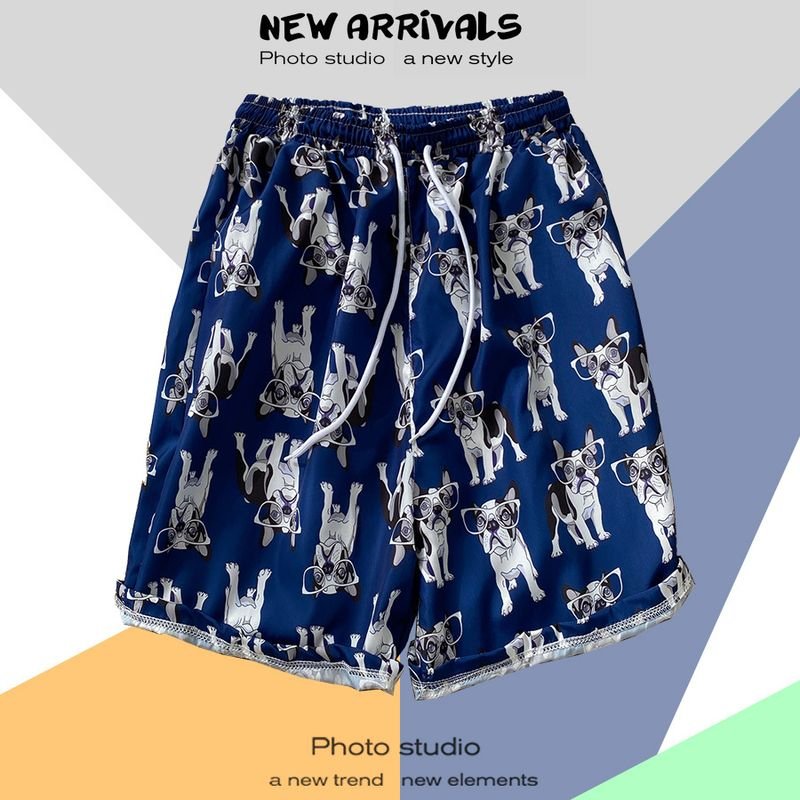 Men Casual Color Blocking Floral Printed Drawstring Beach Shorts