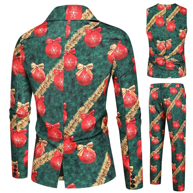 Men Fashion Casual Party Christmas Print Plus Size Vest Long Sleeve Lapel Suit Trousers Three-Piece Set