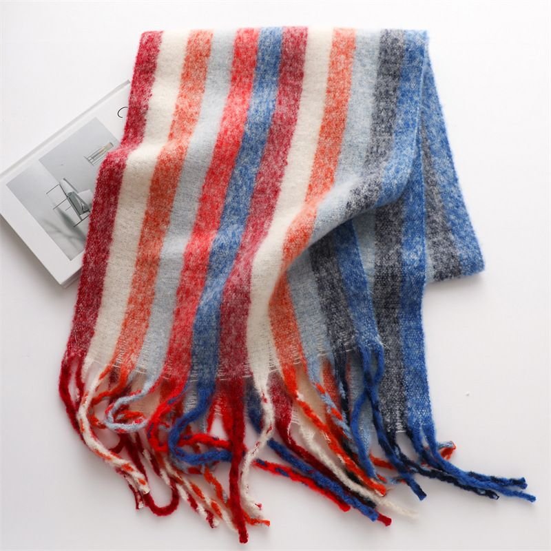 Autumn Winter Women Fashion Rainbow Stripe Cashmere Thickened Warm Scarf