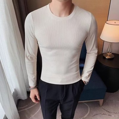 Men Basic Casual Solid Color Rib-Knit Long Sleeve Round Neck T-Shirt