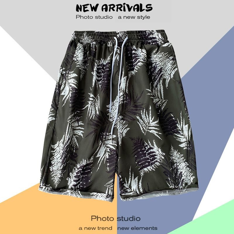 Men Casual Color Blocking Floral Printed Drawstring Beach Shorts