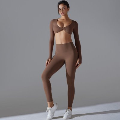 Women Fashion Sports Fitness Long Sleeve Top Yoga Pants Two-Piece Set