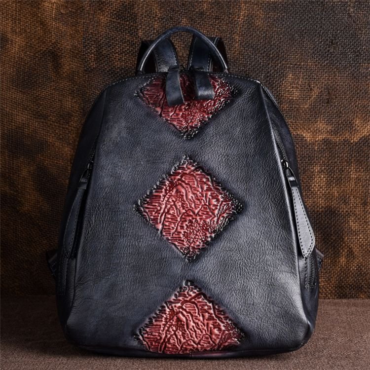 Women Retro Ethnic Color Blocking Embossing Leather Backpack