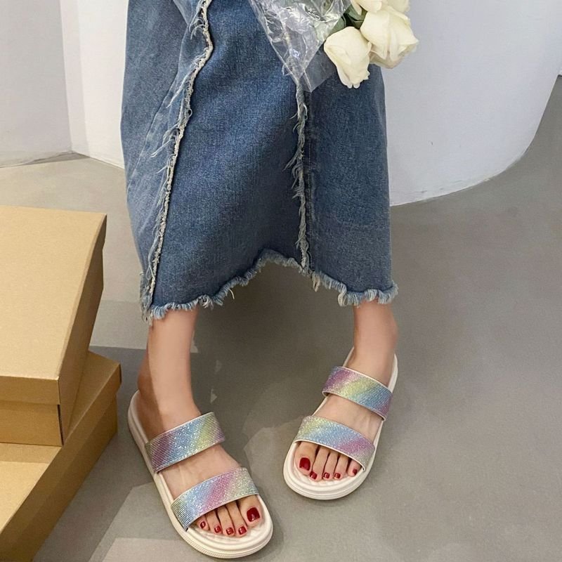 Women Fashion Multicolor Rhinestone Flat Slippers