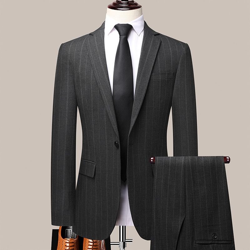 Men Fashion Business Office Stripe Long Sleeve Lapel Suit Pants Plus Size Sets