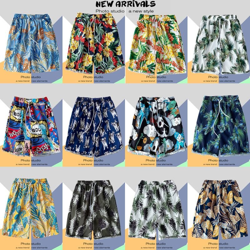 Men Casual Color Blocking Floral Printed Drawstring Beach Shorts