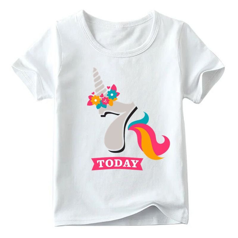 Kids Cute Cartoon Unicorn Number Pattern Round Neck Short Sleeve Birthday Loose T-shirt