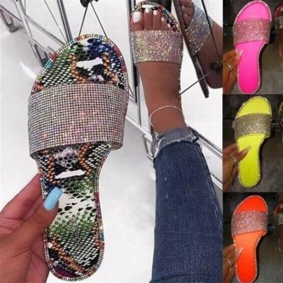 Plus Size Women Fashion Flat Open Toe Rhinestone Flat Slippers