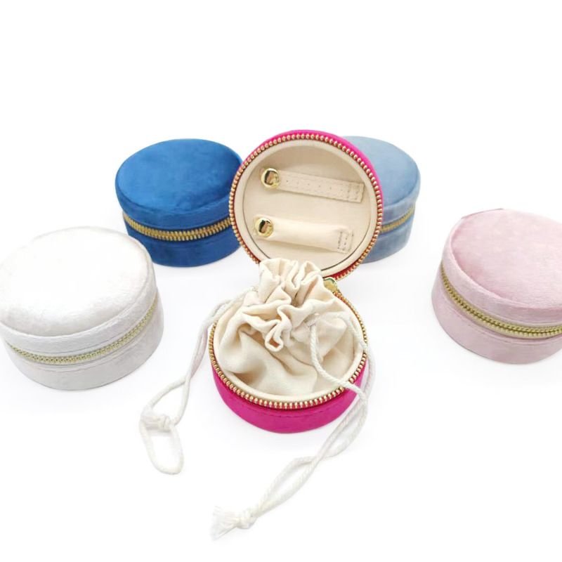 Fashion Solid Color Zipper Velvet Round Jewelry Storage Box