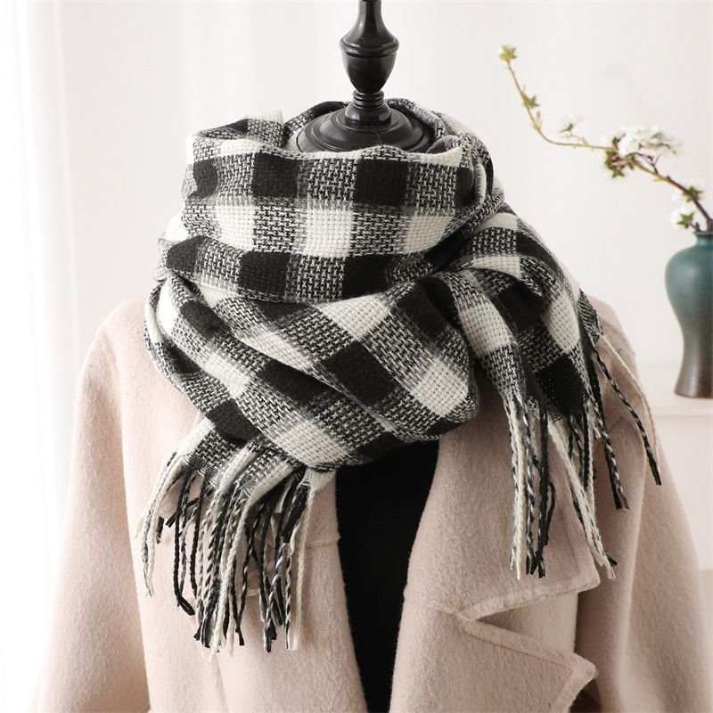 Autumn Winter Women Fashion Plaid Tassel Imitation Cashmere Warm Scarf