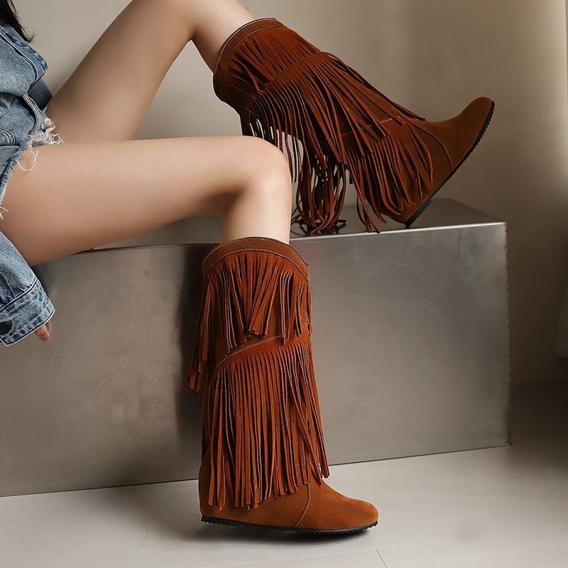 Autumn Winter Women Fashion Vintage Tassel Flat High Boots