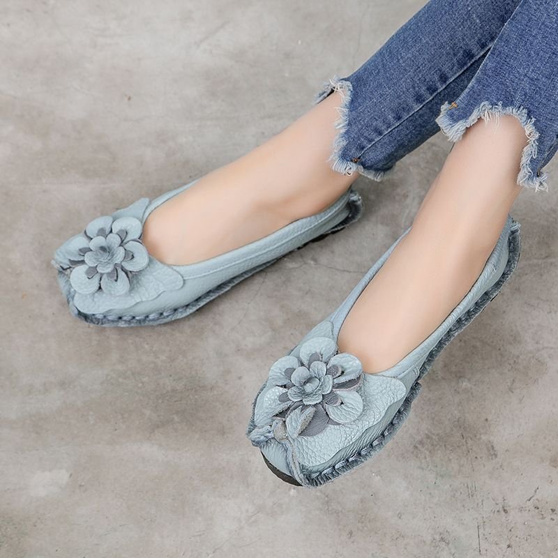 Soft Genuine Leather Flat Shoes Women Flats With Flowers Design Loafers