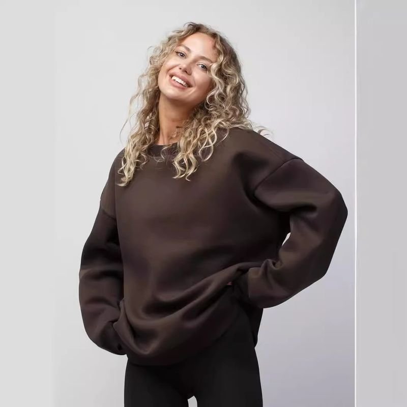 Autumn Winter Women Casual Loose Solid Color Round Neck Long Sleeve Blank Sweatshirt