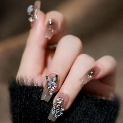 Dark Color Gothic White Medium Ballet Armor Crystal Butterfly Camellia Press On Nails