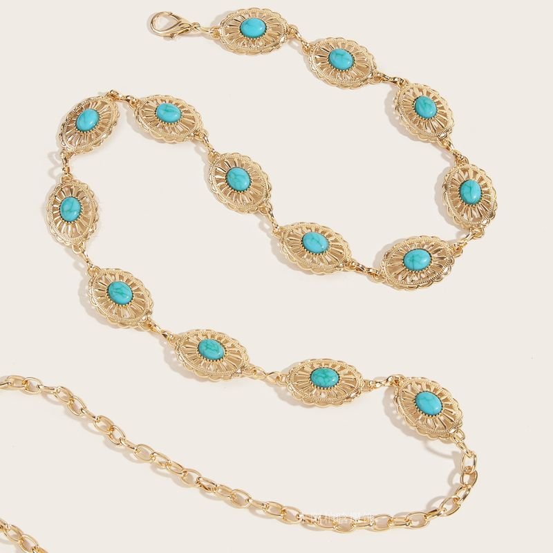 Women Fashion Vintage Metal Inlay Turquoise Waist Chain