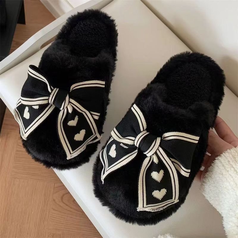 Autumn Winter Women Fashion Plus Size Plush Warm Bow Decorative Home Slippers