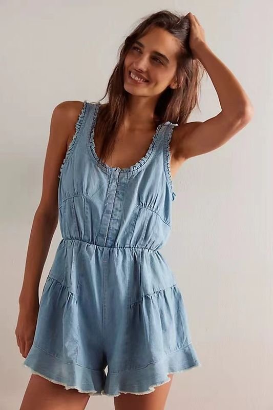 Women Fashion Casual Sleeveless Backless Loose Denim Rompers