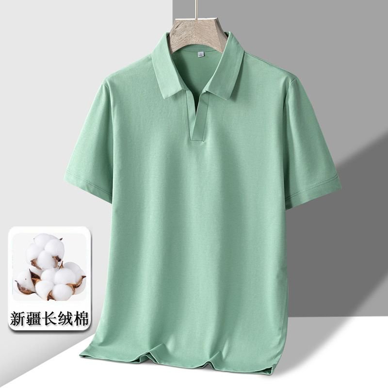 Men Business Solid Color Cotton V-Neck Polo Shirt Summer Lapel Short-Sleeved Top Custom