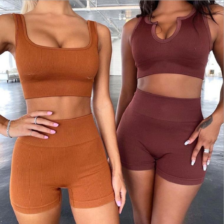 Women Yoga Fashion Solid Color Shorts Sports Two-Piece Set