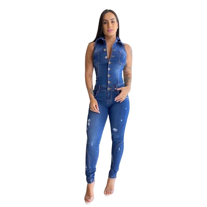 Women Sexy Lapel Sleeveless Single-Breasted Denim Jumpsuit