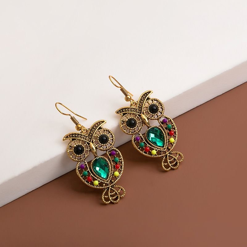 Women Retro Ethnic Moon Devil Eye Crystal Pendant Earrings