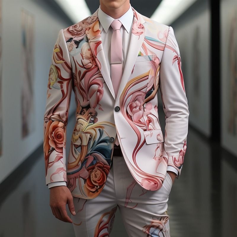 Men Fashion Casual Party Floral Print Long Sleeve Lapel Suit Trousers Set