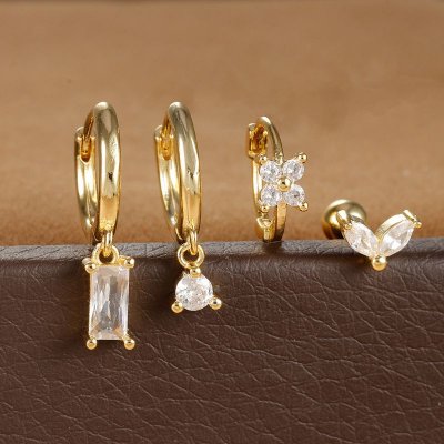 Women Fashion Geometric Micro-Inlaid Zircon Square Earrings 4Pcs-Set