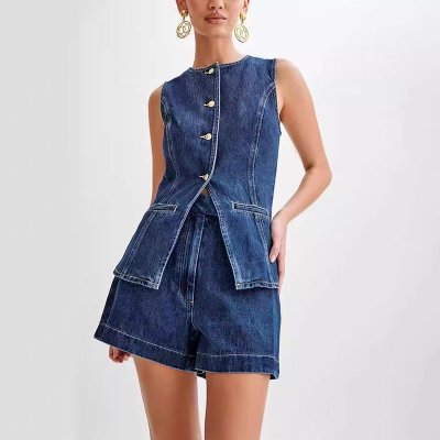 Summer Women Fashion Sleeveless Button Denim Top High Waist Shorts Two-Piece Set