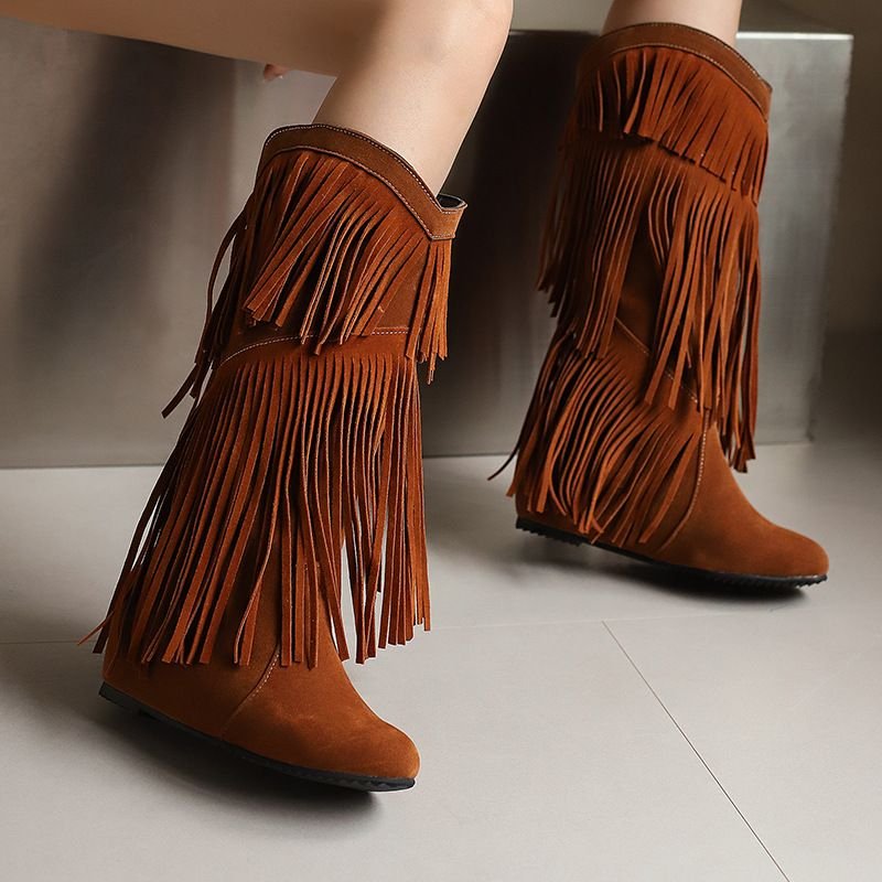 Autumn Winter Women Fashion Vintage Tassel Flat High Boots