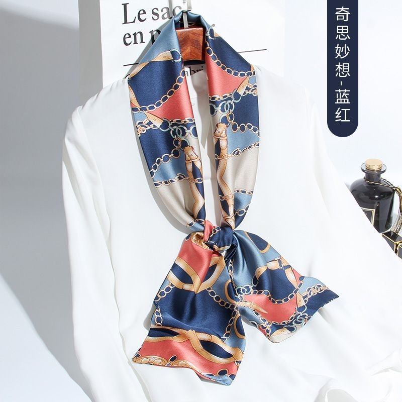 Women Fashion Floral Chain Plaid Print Long Thin Narrow Silk Scarf