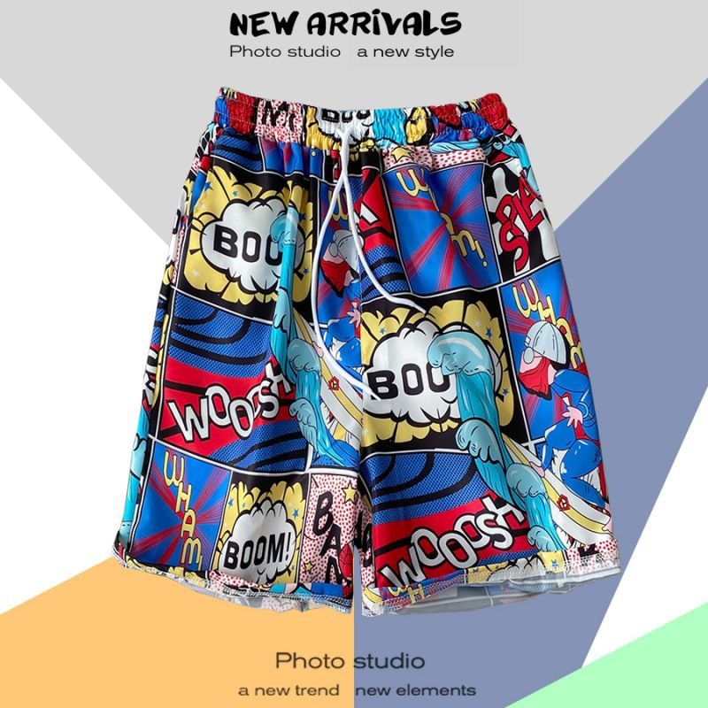 Men Casual Color Blocking Floral Printed Drawstring Beach Shorts