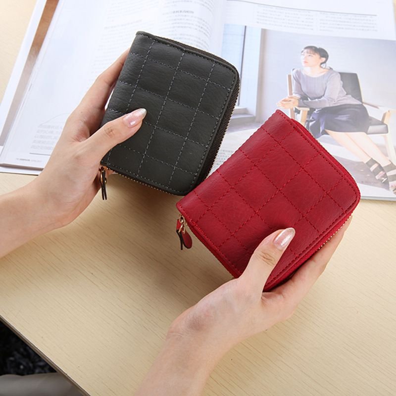 Women Fashion Rhombic Solid Color Mini Zipper Wallet