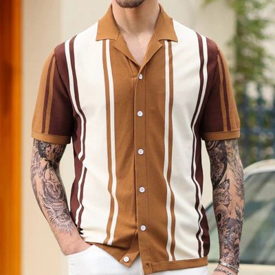 Men Fashion Casual Color Matching Stripe Cardigan Knitted Short Sleeve Lapel Shirt