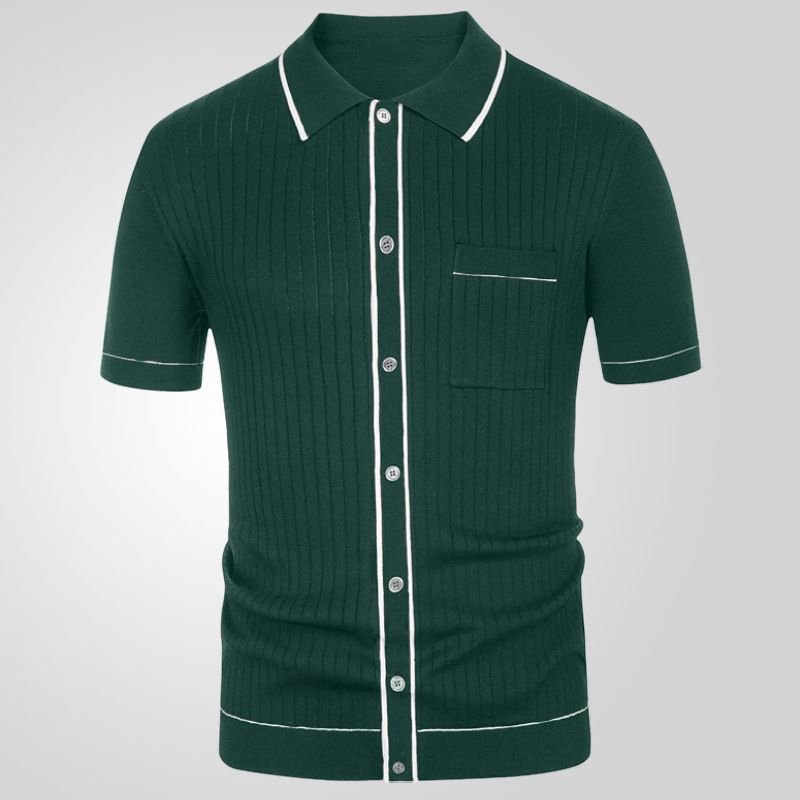 Men Fashion Casual Color Matching Cardigan Knitted Short Sleeve Lapel Shirt