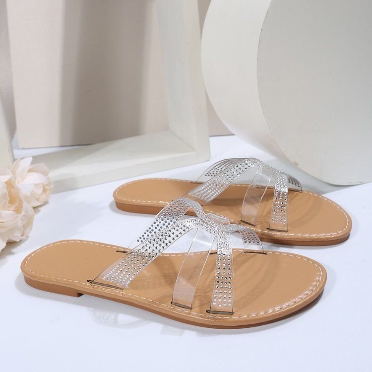 Summer Women Fashionable Plus Size Transparent Cross Rhinestone Round Toe Flat PU Slippers