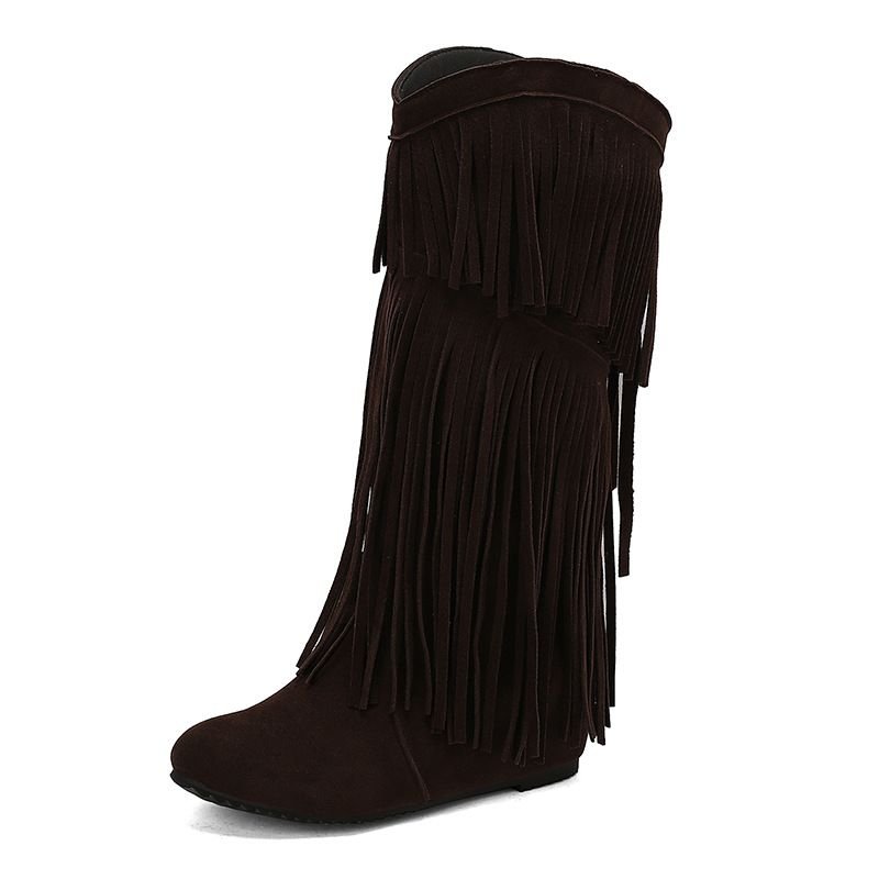 Autumn Winter Women Fashion Vintage Tassel Flat High Boots