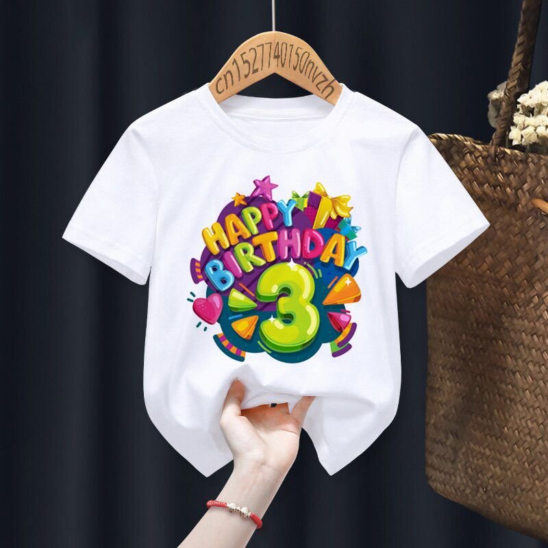 Happy Birthday Kids Basic Round Neck Short Sleeve Letter Figure Pattern Casual T-shirt