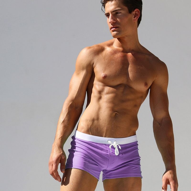 Men Swimming Trunks Fashion Back Zipper Pocket Design Color Blocking Beach Shorts