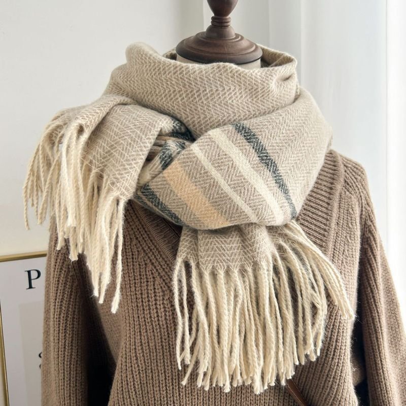 Autumn Winter Women Fashion Thickened Warm Tassel Stripe Cashmere Scarf