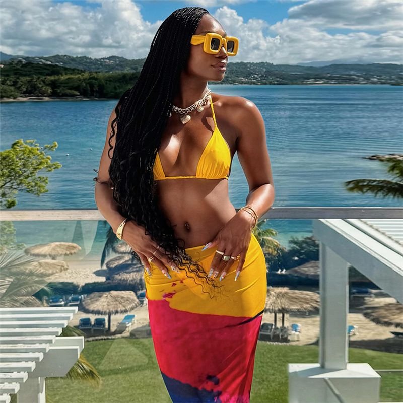 Summer Women Fashion Sexy Halter Neck Top Graphic Printed Skirt Two-Piece Set