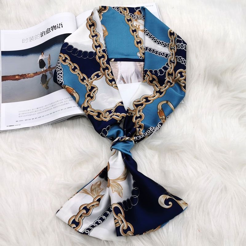 Women Fashion Floral Chain Plaid Print Long Thin Narrow Silk Scarf