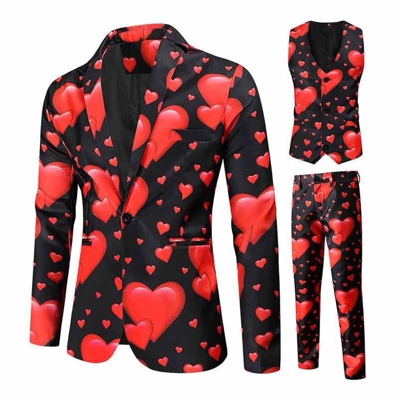 Men Fashion Casual Party Valentine Heart Print Plus Size Vest Long Sleeve Lapel Suit Trousers Three-Piece Set