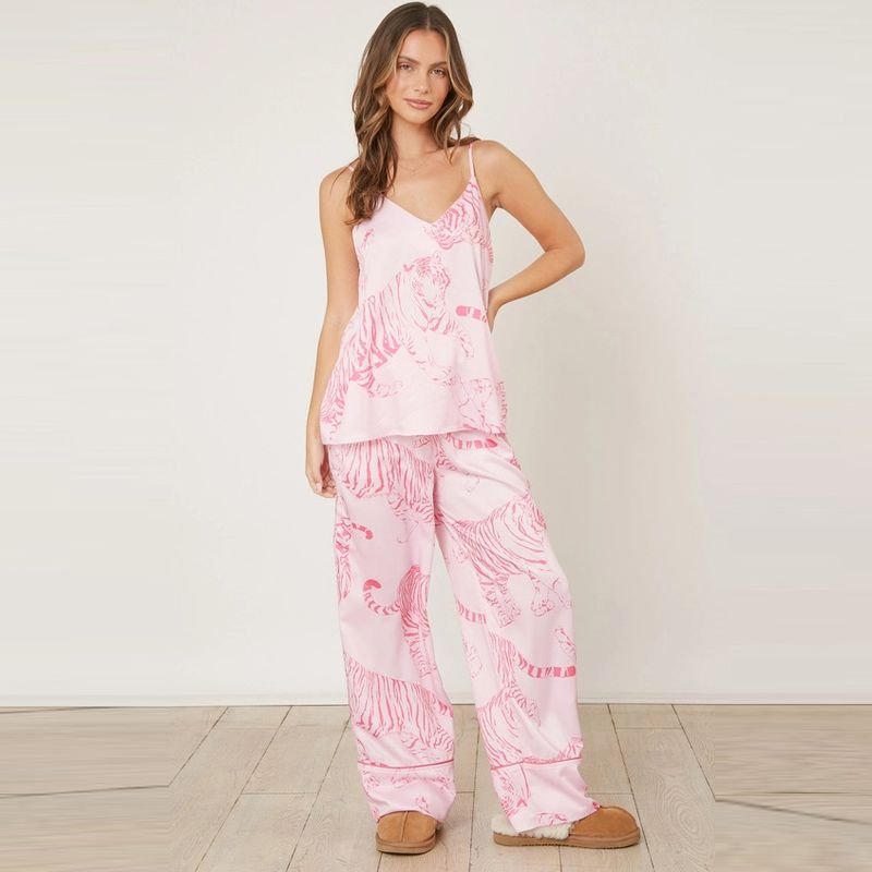 Summer Women Fashion V-Neck Tiger Cheetah Print Sling Home Pajamas Set