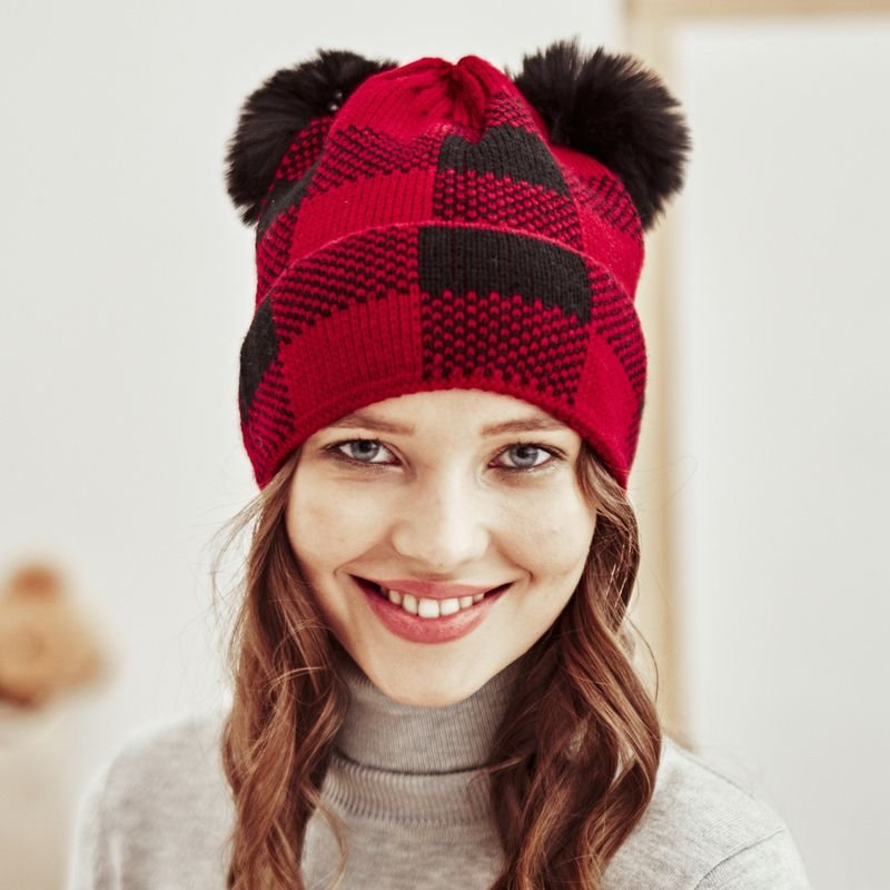 Autumn Winter Simple Fashion Plaid Wool Ball Warm Knit Parent-Child Wool Hat