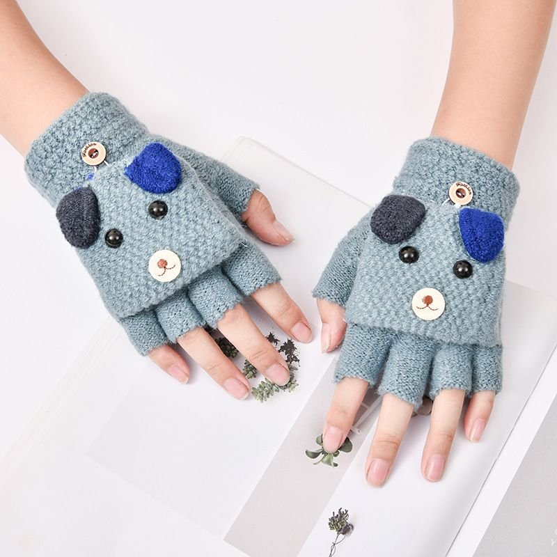 Kids Unisex Fall Winter Casual Cute Cartoon Fleeces Half Finger Clamshell Gloves