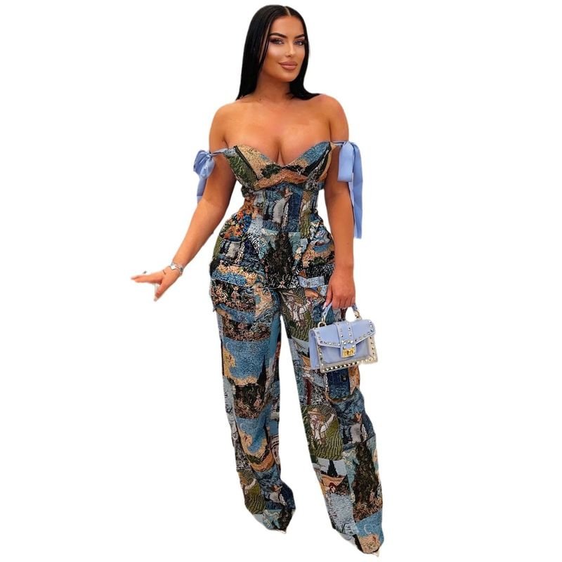 Women Fashion Oil Painting Pattern Print Strap Top And Drawstring Multi-Pocket Pants Two-Piece Set