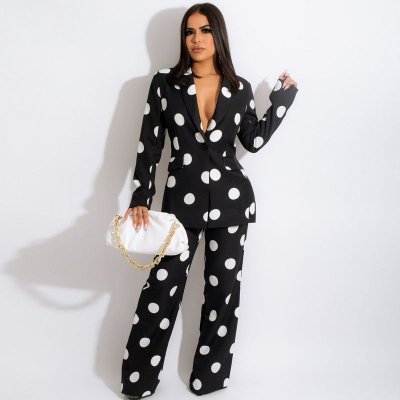 Women Fashion Casual Dot Print Blazer And Pants Two-Piece Set